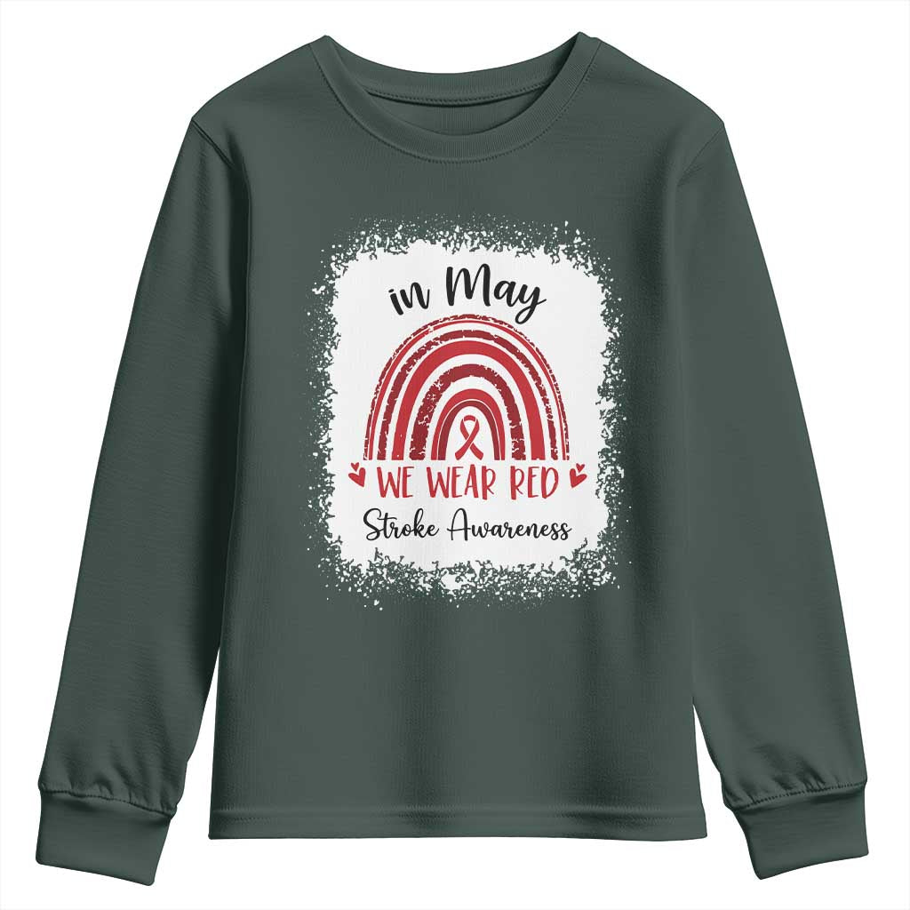In May We Wear Red Stroke Awareness Youth Sweatshirt Bleach Effect TS11 Dark Forest Green Print Your Wear