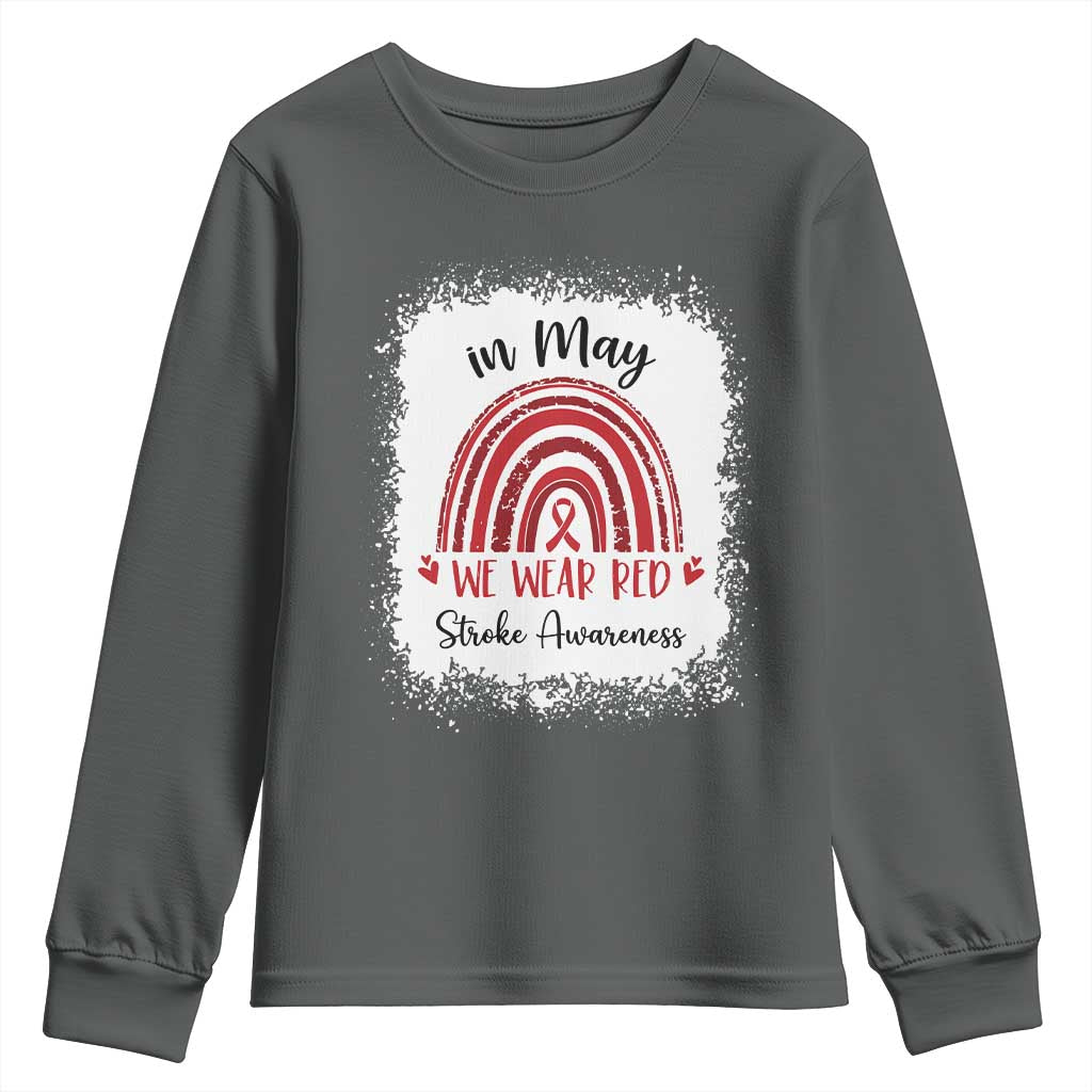 In May We Wear Red Stroke Awareness Youth Sweatshirt Bleach Effect TS11 Dark Heather Print Your Wear