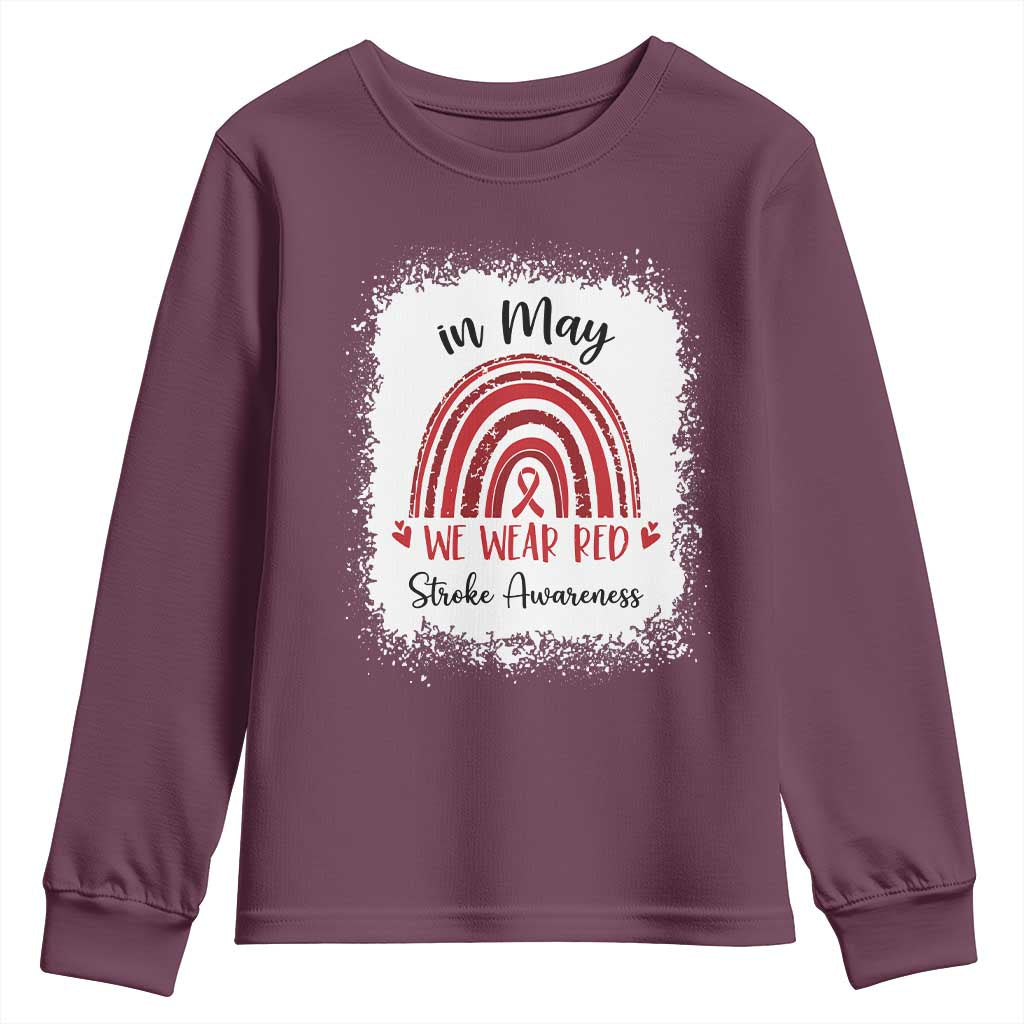 In May We Wear Red Stroke Awareness Youth Sweatshirt Bleach Effect TS11 Maroon Print Your Wear