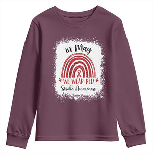 In May We Wear Red Stroke Awareness Youth Sweatshirt Bleach Effect TS11 Maroon Print Your Wear