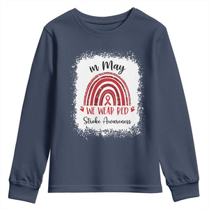 In May We Wear Red Stroke Awareness Youth Sweatshirt Bleach Effect TS11 Navy Print Your Wear
