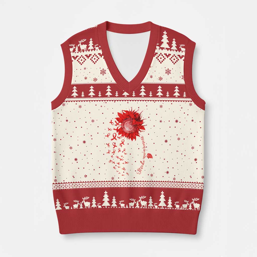 Sunflower Stroke Awareness Red Ribbon V-Neck Knit Sweater Vest TS11 Beige Red Print Your Wear