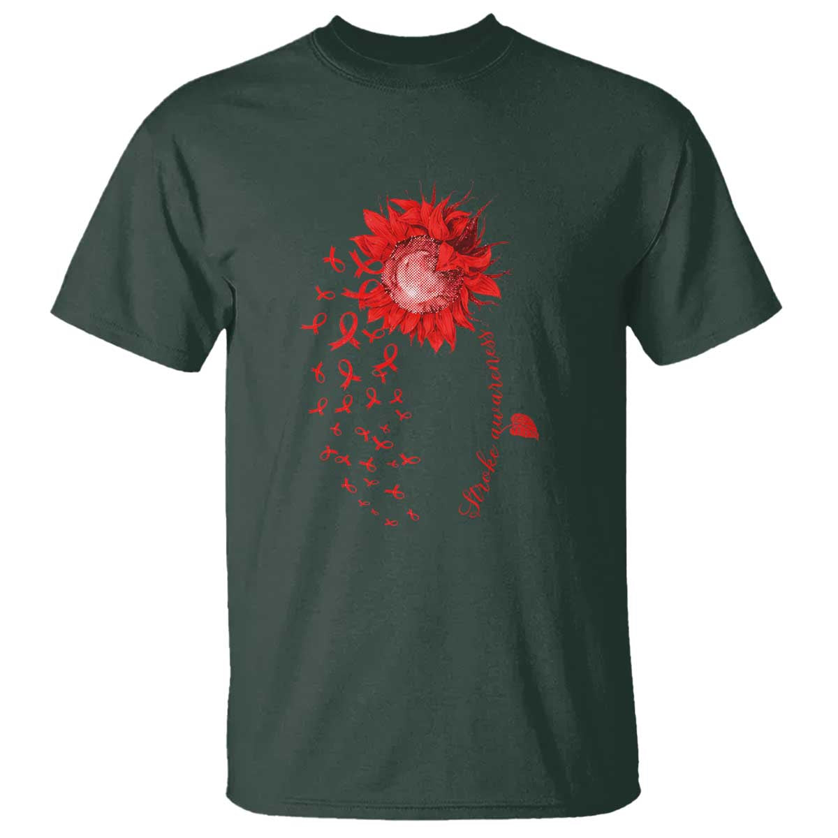 Sunflower Stroke Awareness Red Ribbon T Shirt TS11 Dark Forest Green Print Your Wear