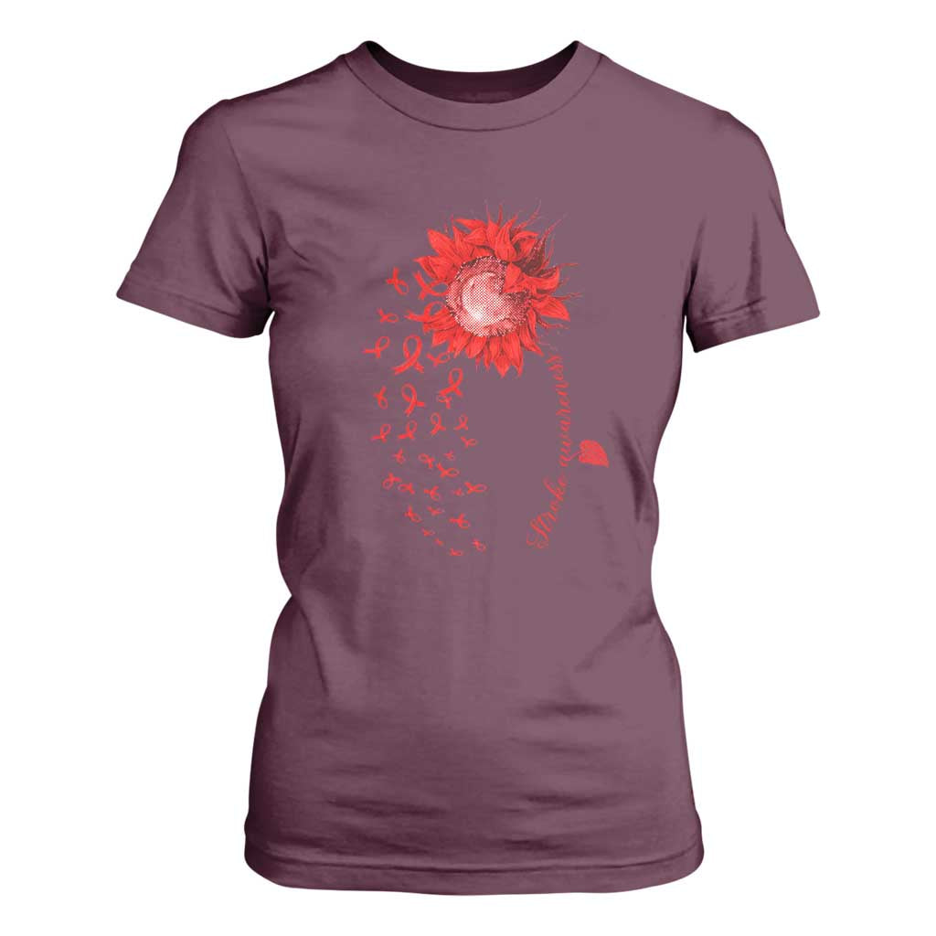 Sunflower Stroke Awareness Red Ribbon T Shirt For Women TS11 Maroon Print Your Wear