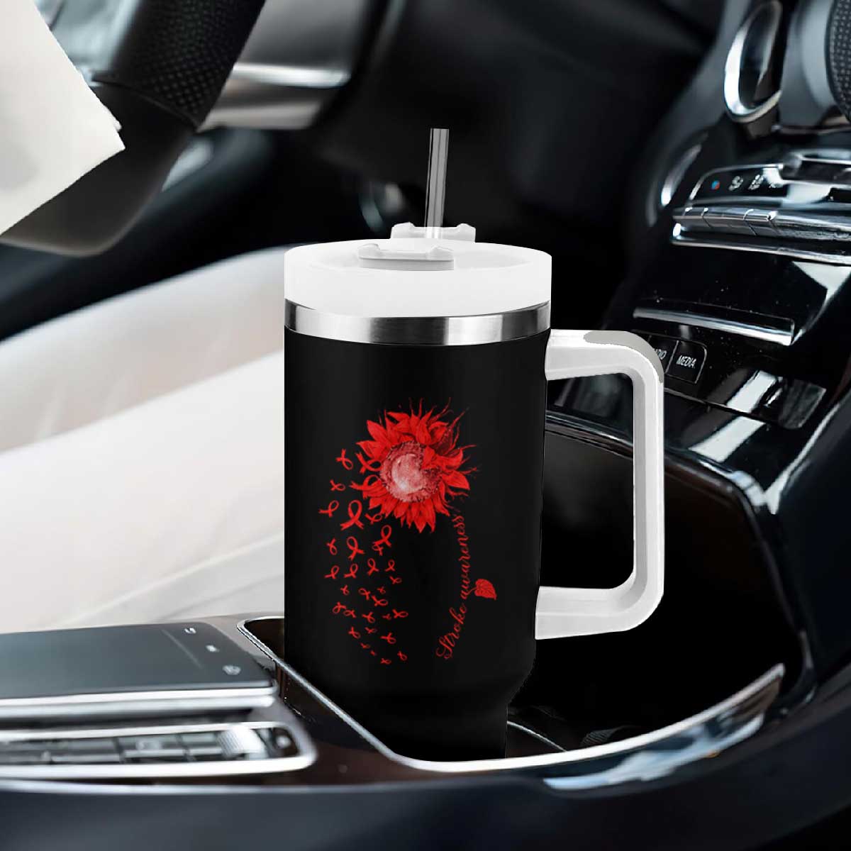 Sunflower Stroke Awareness Red Ribbon Tumbler With Handle TS11 Print Your Wear