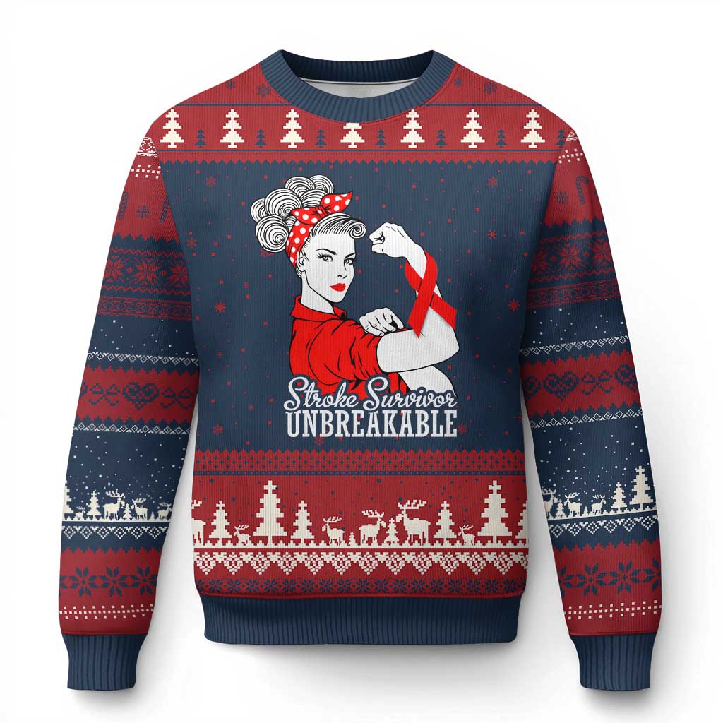 Stroke Survivor Unbreakable Ugly Christmas Sweater Stroke Awareness Gift TS11 Navy Red Print Your Wear