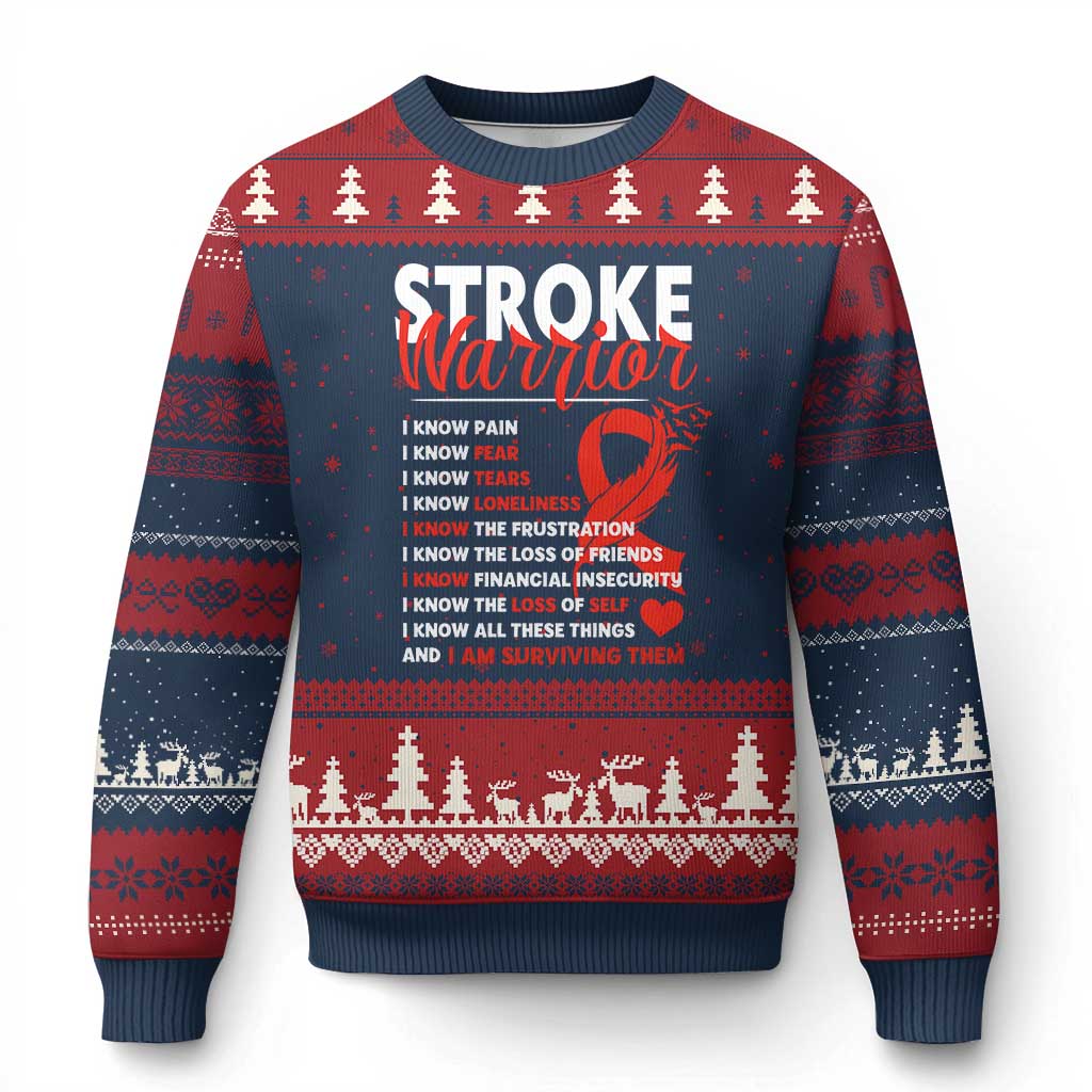 Stroke Warrior Ugly Christmas Sweater I Know Pain Fear Feather Red Ribbon TS11 Navy Red Print Your Wear