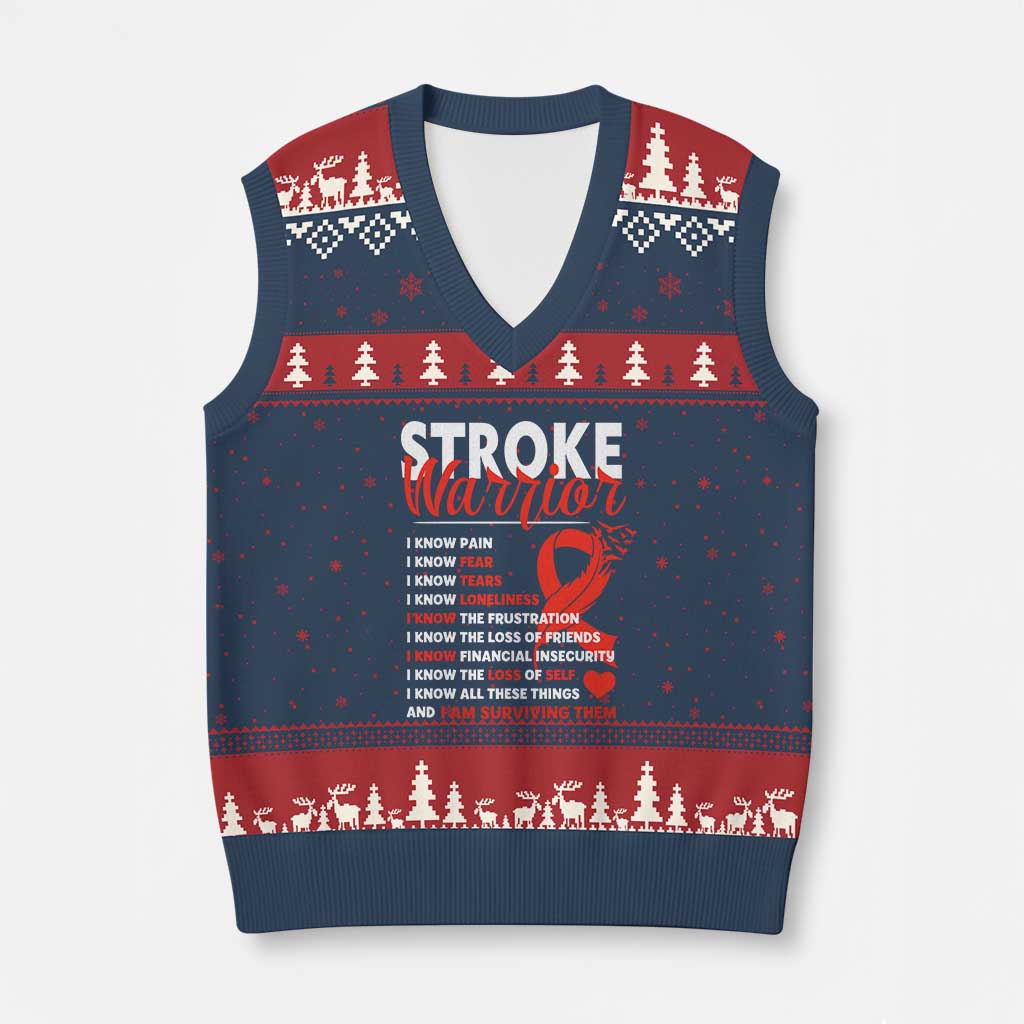 Stroke Warrior V-Neck Knit Sweater Vest I Know Pain Fear Feather Red Ribbon TS11 Navy Red Print Your Wear