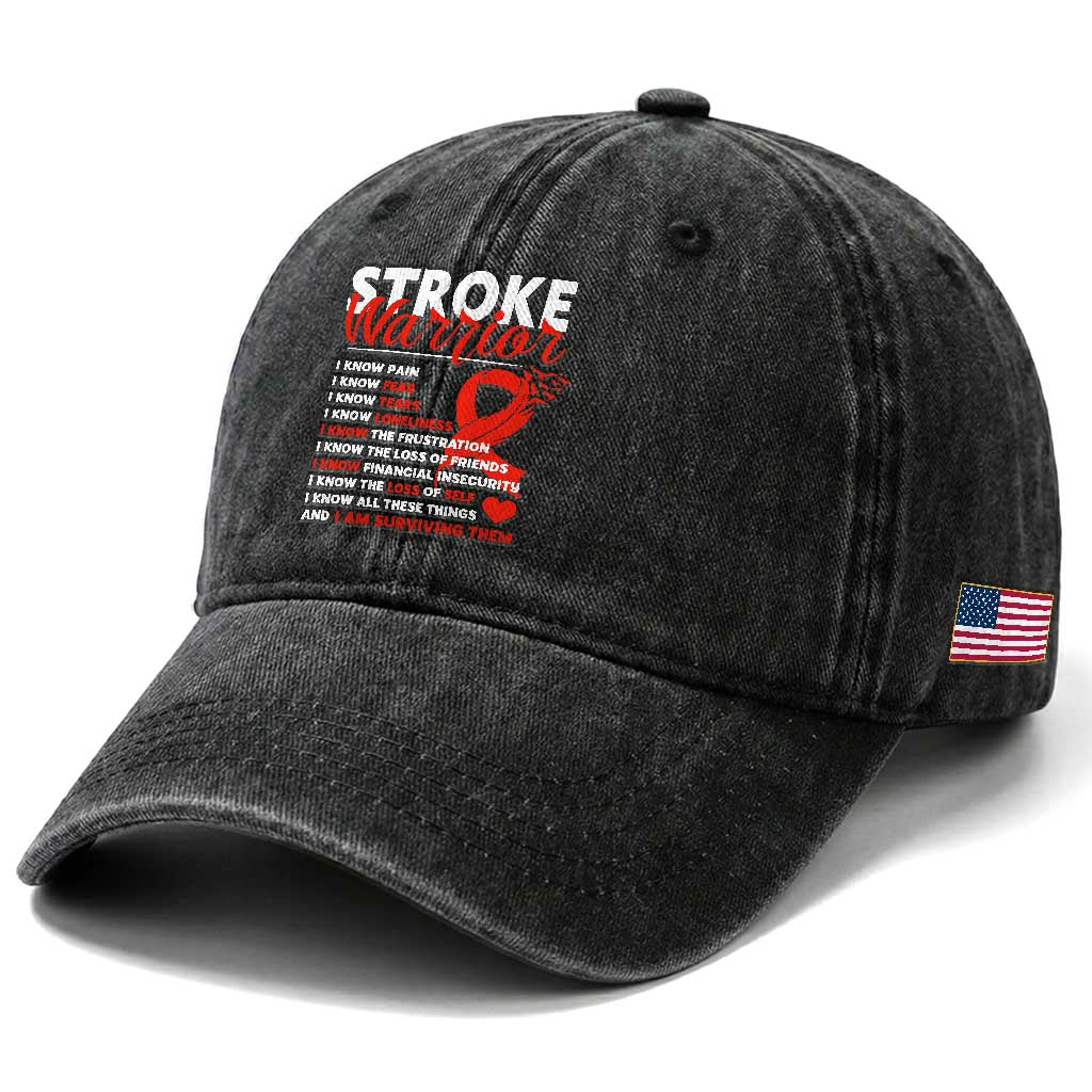 Stroke Warrior Washed Cotton Baseball Cap I Know Pain Fear Feather Red Ribbon TS11 Print Your Wear