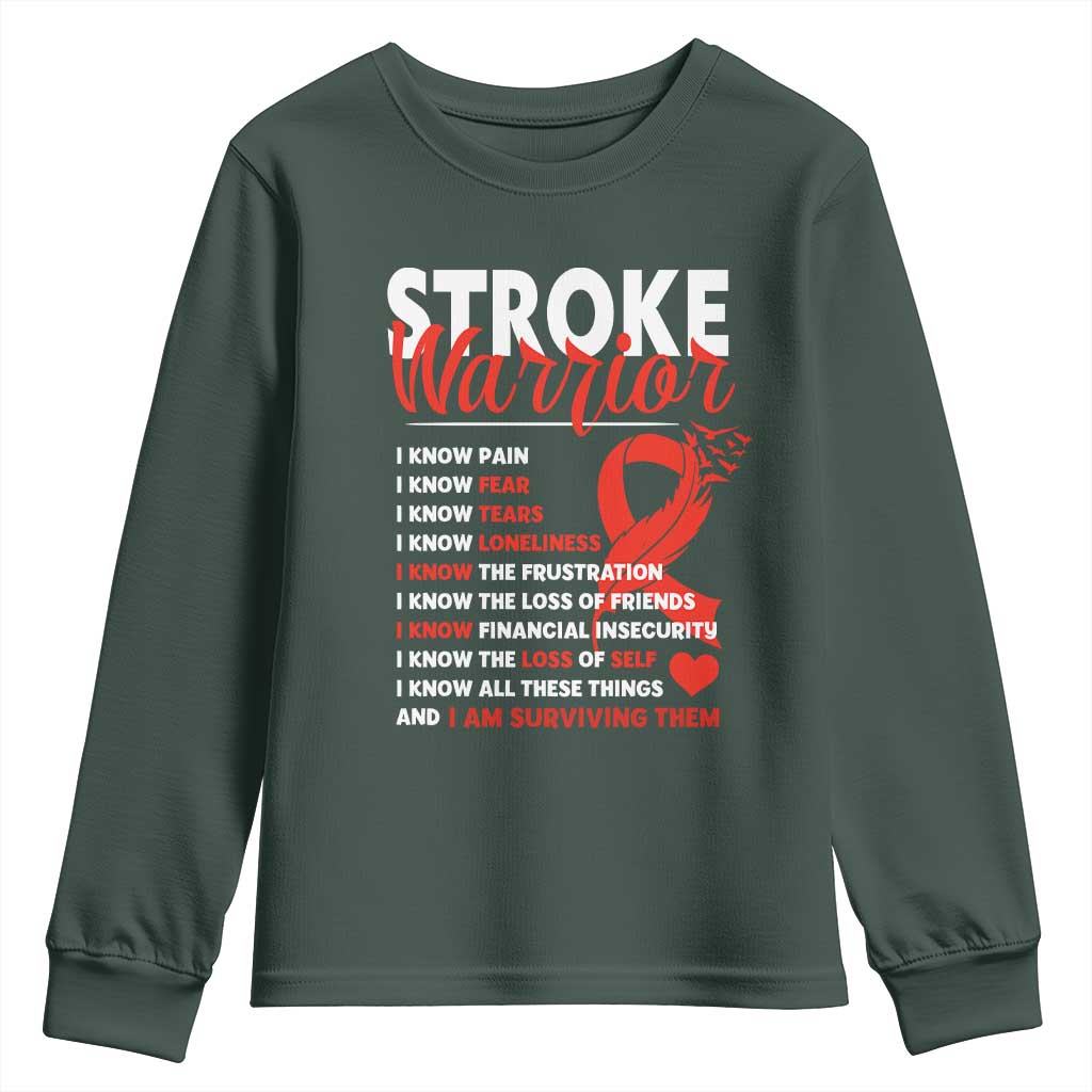 Stroke Warrior Youth Sweatshirt I Know Pain Fear Feather Red Ribbon TS11 Dark Forest Green Print Your Wear