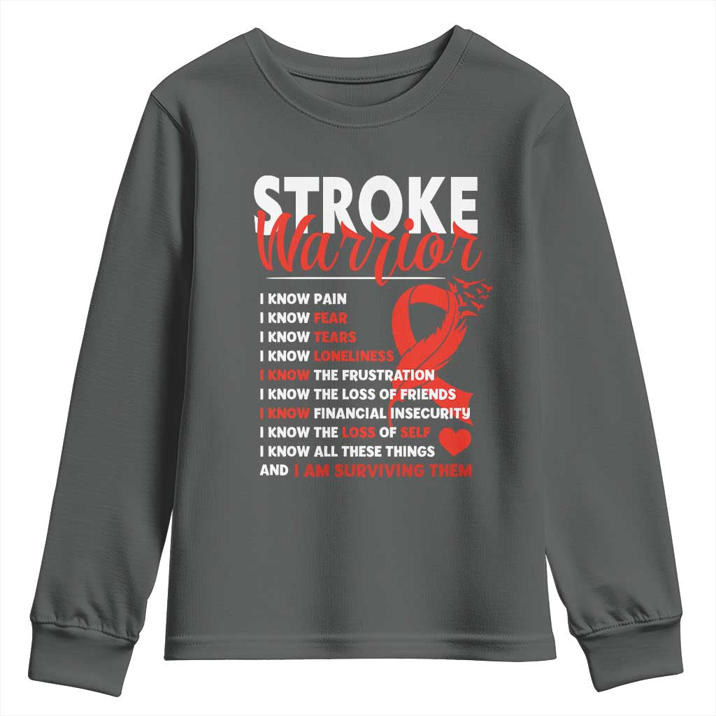 Stroke Warrior Youth Sweatshirt I Know Pain Fear Feather Red Ribbon TS11 Dark Heather Print Your Wear