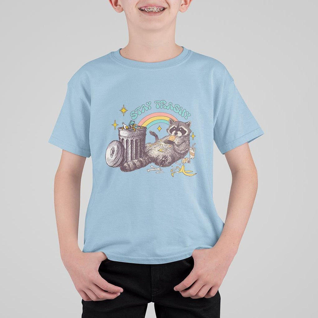 Funny Raccoon T Shirt For Kid Stay Trashy Rainbow Bin Cute Trash Panda TS11 Light Blue Print Your Wear