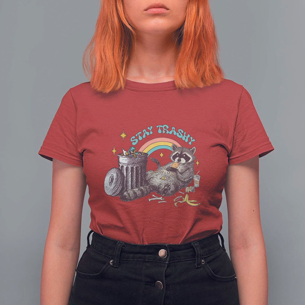 Funny Raccoon T Shirt For Women Stay Trashy Rainbow Bin Cute Trash Panda TS11 Red Print Your Wear