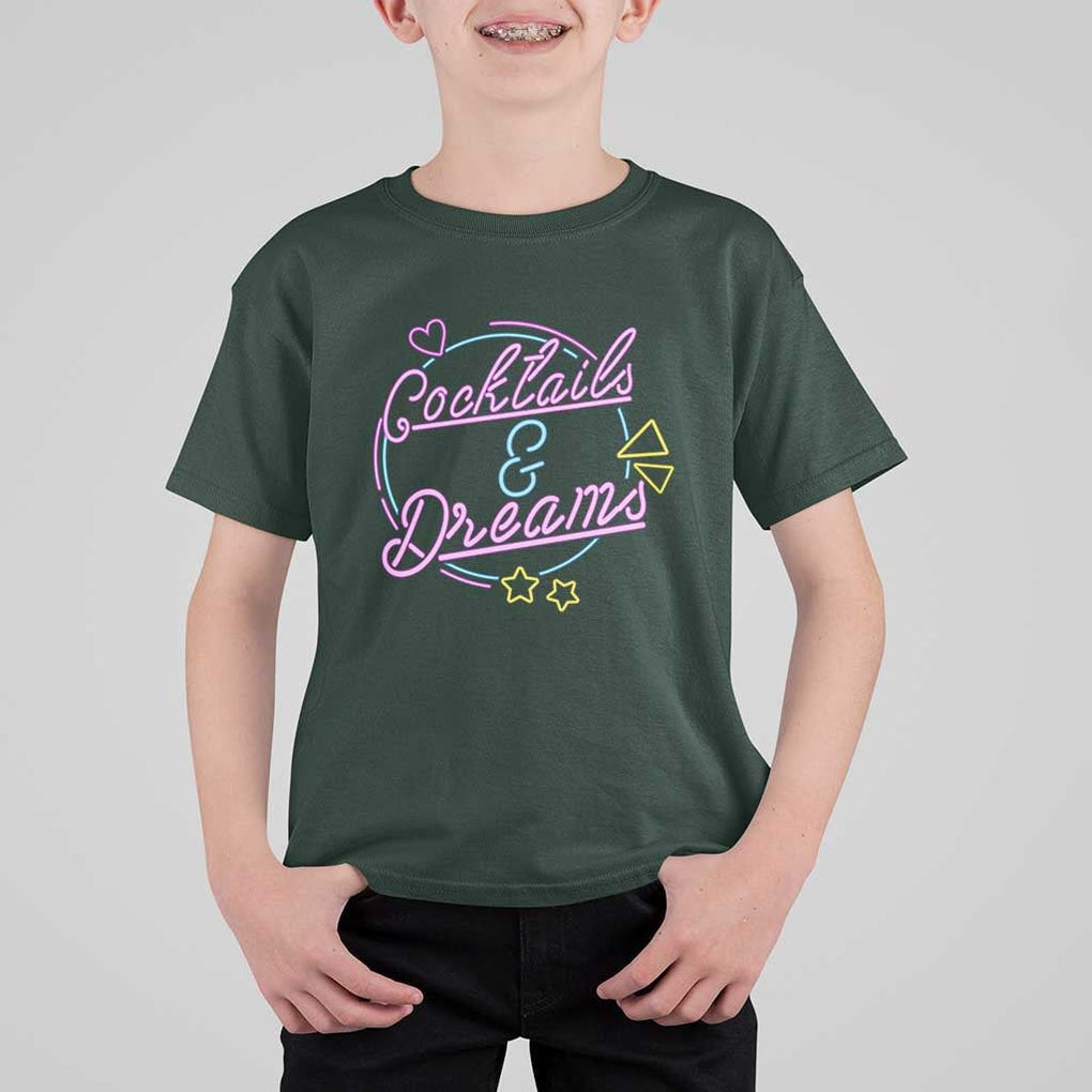 80s Vintage Style T Shirt For Kid Cocktails And Dreams Neon Sign Summer Vibe TS11 Dark Forest Green Print Your Wear