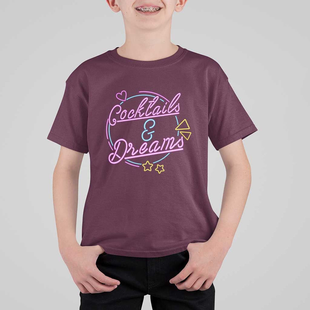 80s Vintage Style T Shirt For Kid Cocktails And Dreams Neon Sign Summer Vibe TS11 Maroon Print Your Wear