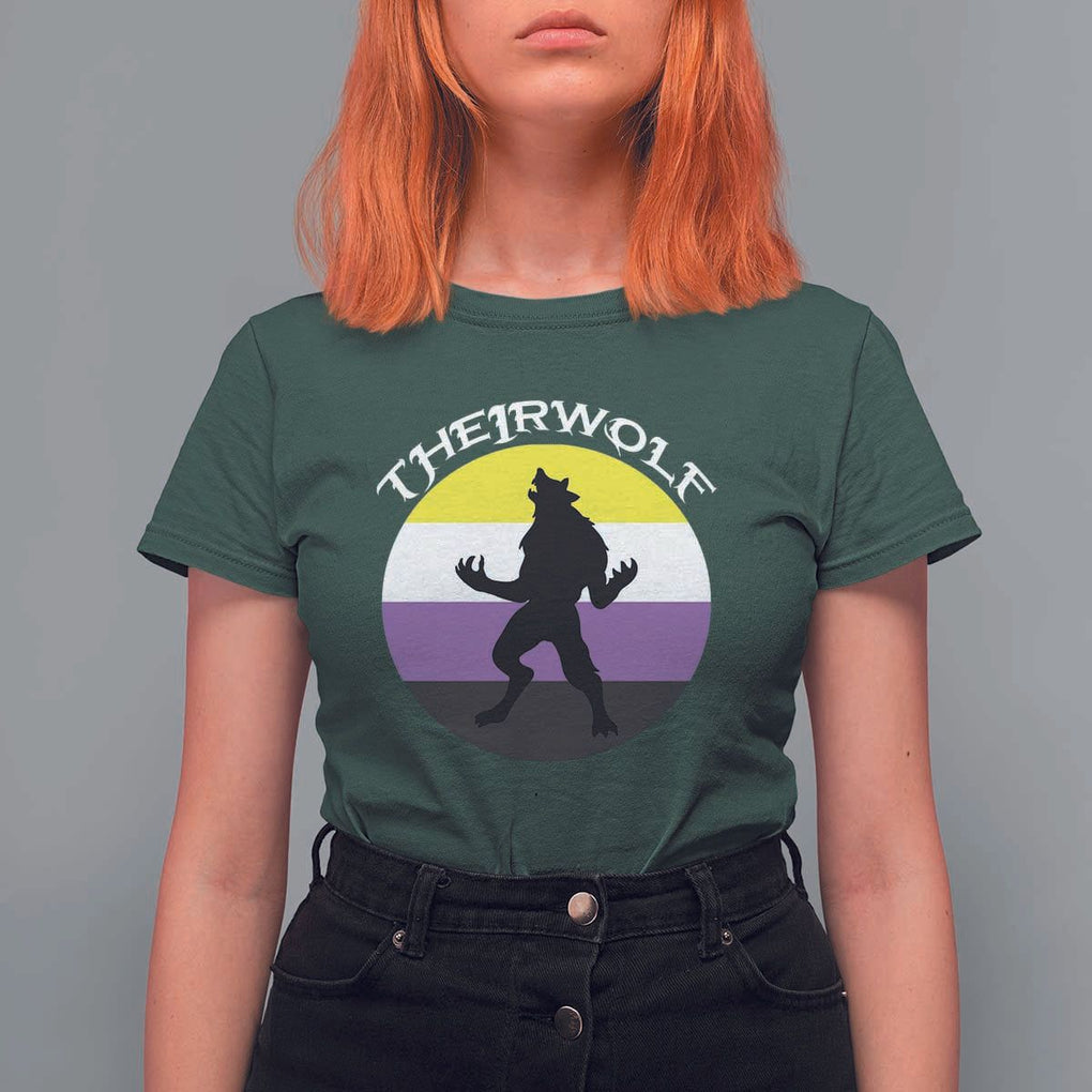 Non Binary T Shirt For Women Theirwolf Enby Flag LGBTQ Pride TS11 Dark Forest Green Print Your Wear