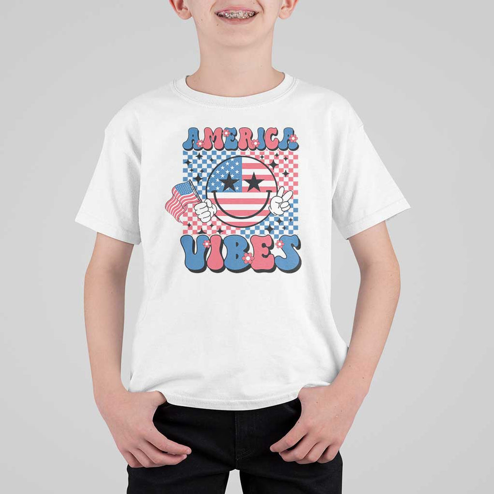 American Vibes T Shirt For Kid Retro Groovy USA Pride Flag 4th Of July TS11 White Print Your Wear