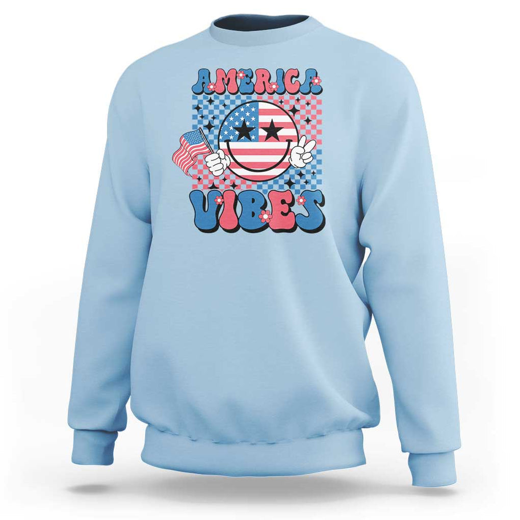 American Vibes Sweatshirt Retro Groovy USA Pride Flag 4th Of July TS11 Light Blue Print Your Wear