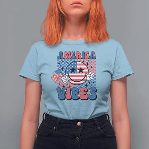 American Vibes T Shirt For Women Retro Groovy USA Pride Flag 4th Of July TS11 Light Blue Print Your Wear