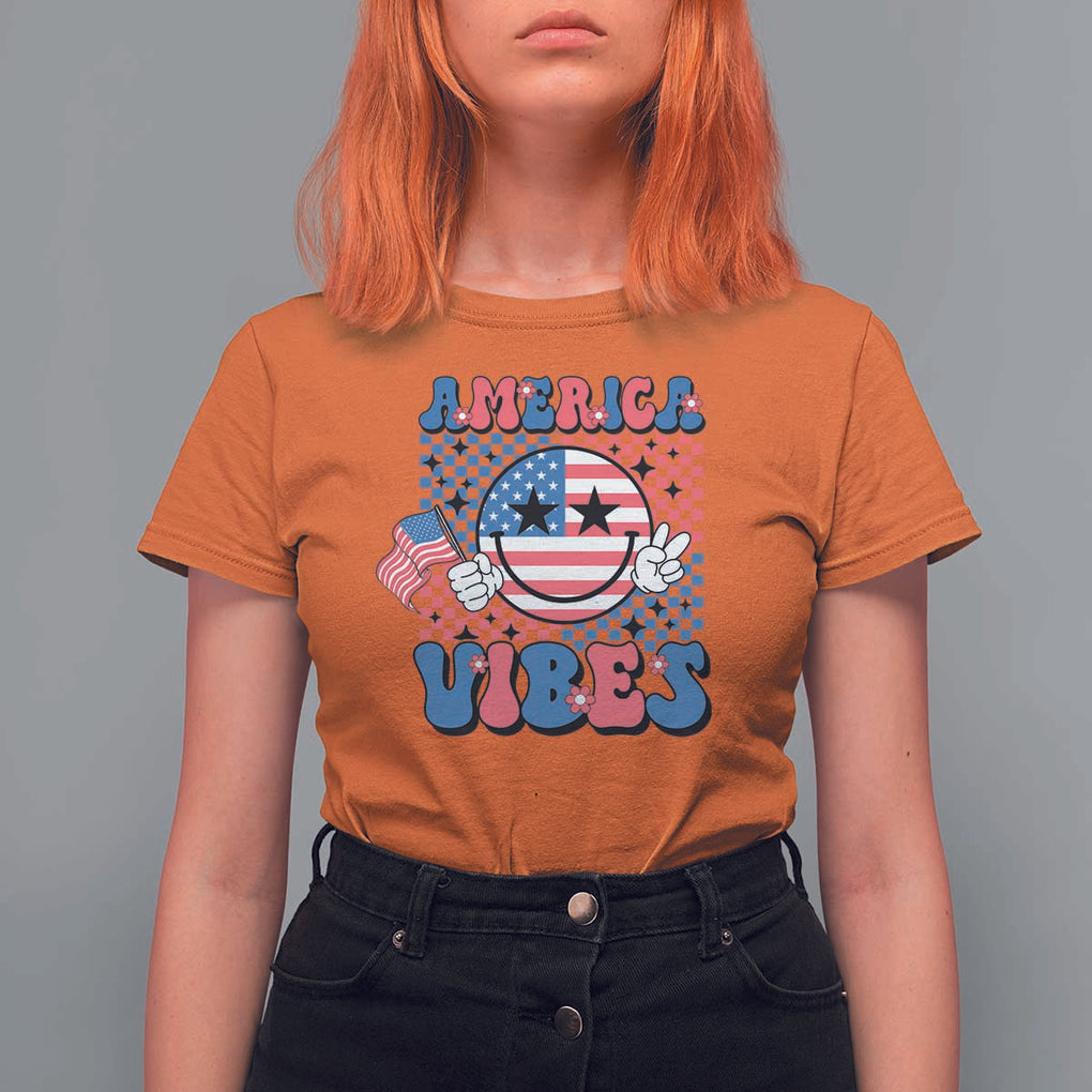 American Vibes T Shirt For Women Retro Groovy USA Pride Flag 4th Of July TS11 Orange Print Your Wear