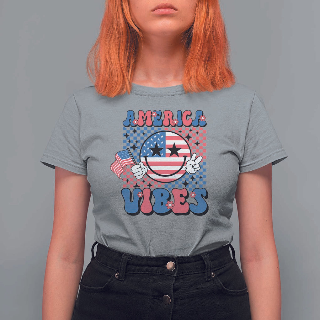American Vibes T Shirt For Women Retro Groovy USA Pride Flag 4th Of July TS11 Sport Gray Print Your Wear