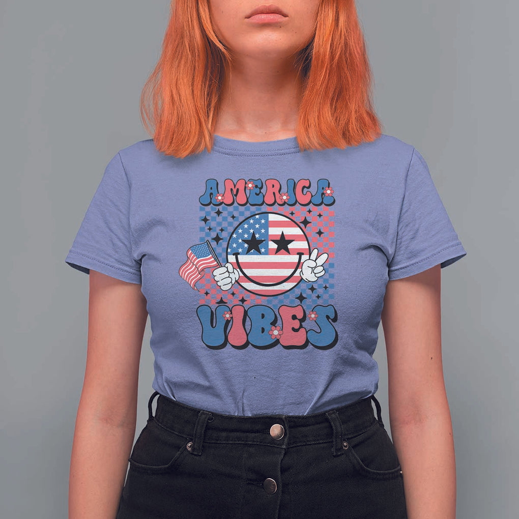 American Vibes T Shirt For Women Retro Groovy USA Pride Flag 4th Of July TS11 Violet Print Your Wear