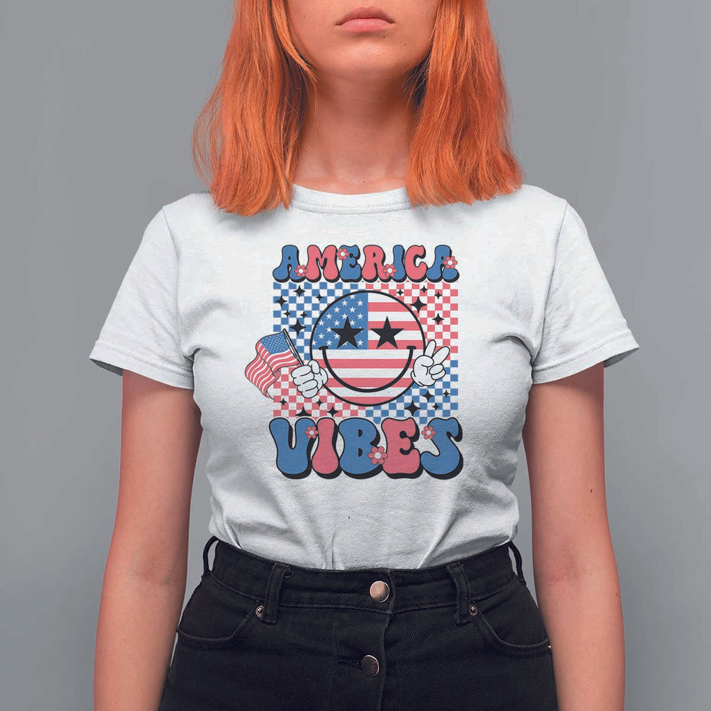 American Vibes T Shirt For Women Retro Groovy USA Pride Flag 4th Of July TS11 White Print Your Wear