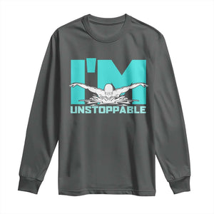 Funny Swimming Long Sleeve Shirt I'm Unstoppable Swim Cool Practice Butterfly Swimming TS11 Dark Heather Print Your Wear