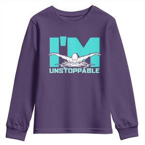 Funny Swimming Youth Sweatshirt I'm Unstoppable Swim Cool Practice Butterfly Swimming TS11 Purple Print Your Wear
