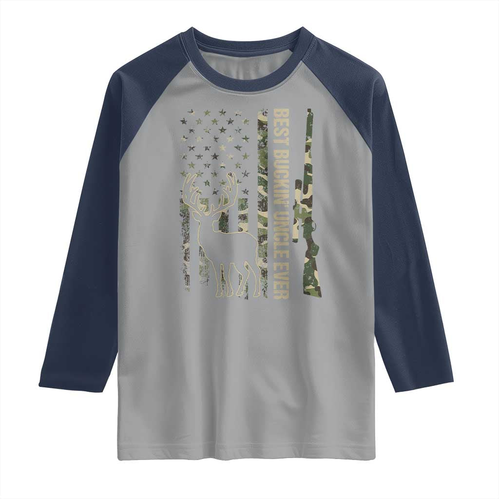 Funny Best Buckin Uncle Ever Raglan Shirt Whitetail Camo Flag Father's Day TS11 Sport Gray Navy Print Your Wear