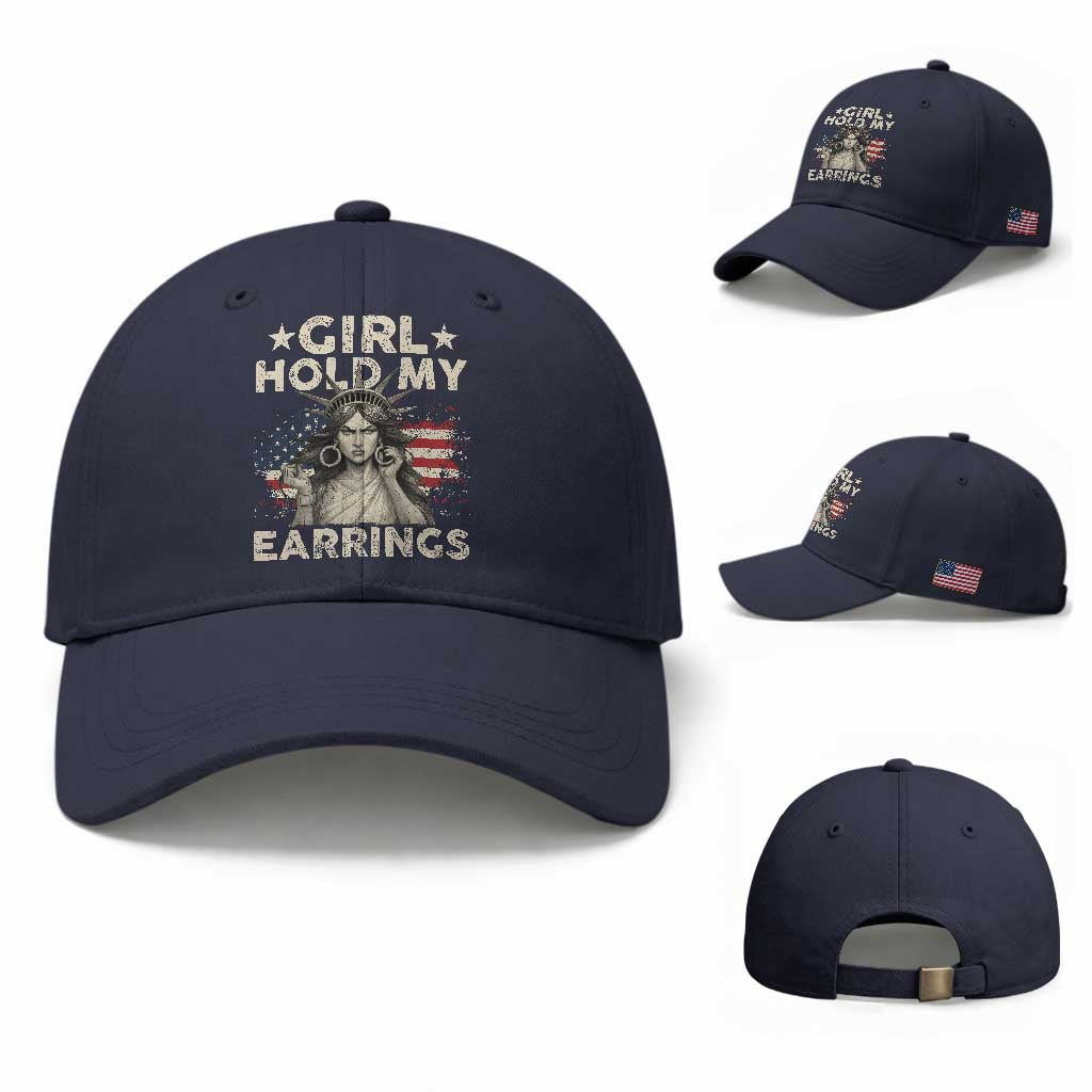 Funny Girl Hold My Earrings Baseball Cap Statue of Liberty American Flag TS11 Baseball Cap Universal Fit Navy Print Your Wear