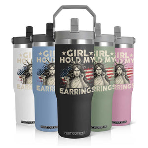 Funny Girl Hold My Earrings Flip Straw Tumbler Statue of Liberty American Flag TS11 Print Your Wear