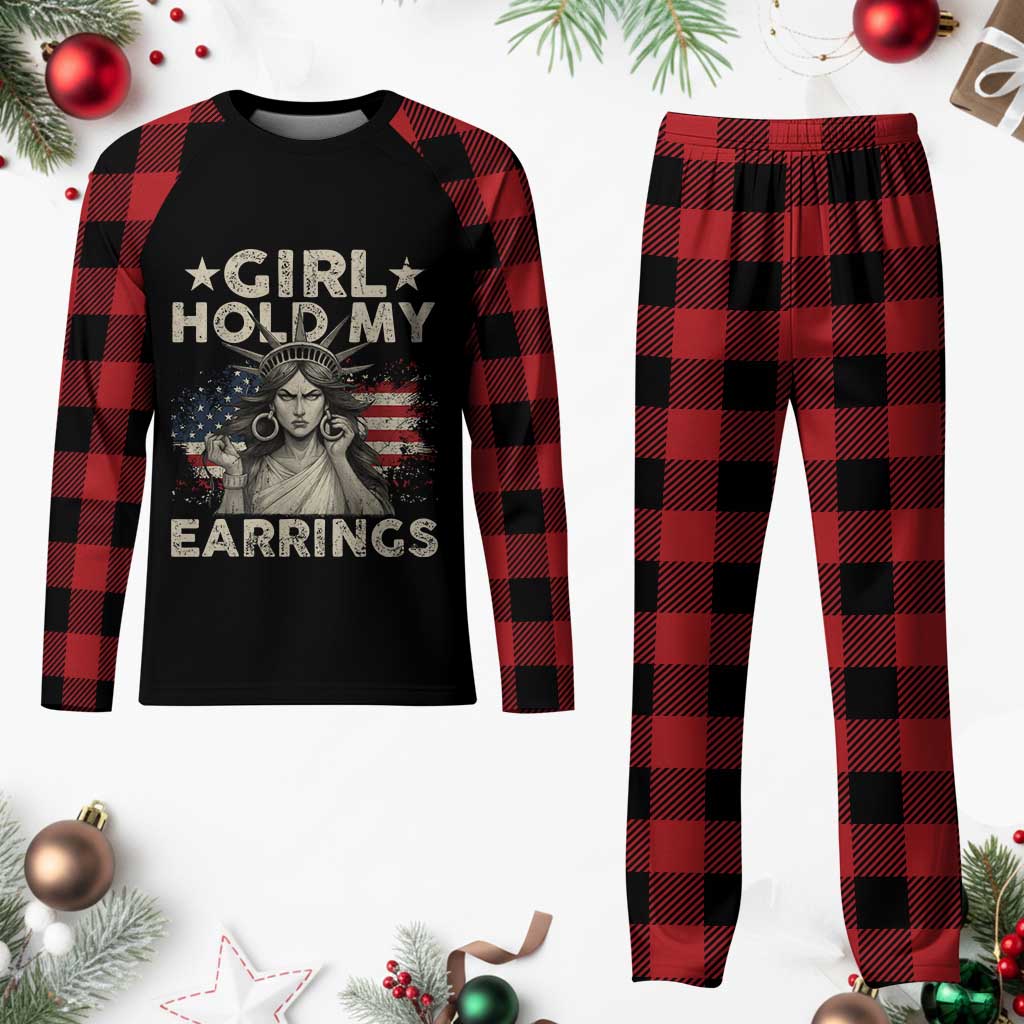 Funny Girl Hold My Earrings Plaid Pajama Set Statue of Liberty American Flag TS11 Buffalo Plaid Print Your Wear