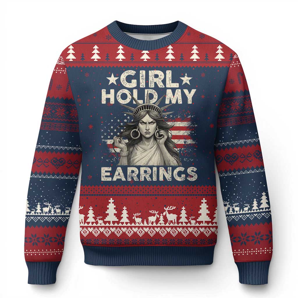 Funny Girl Hold My Earrings Ugly Christmas Sweater Statue of Liberty American Flag TS11 Navy Red Print Your Wear