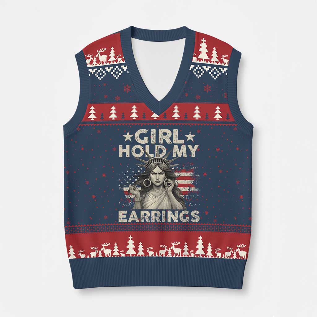 Funny Girl Hold My Earrings V-Neck Knit Sweater Vest Statue of Liberty American Flag TS11 Navy Red Print Your Wear