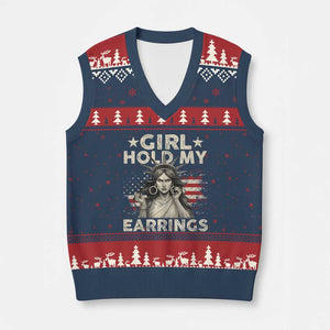 Funny Girl Hold My Earrings V-Neck Knit Sweater Vest Statue of Liberty American Flag TS11 Navy Red Print Your Wear