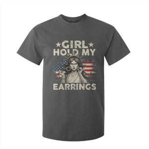 Funny Girl Hold My Earrings T Shirt For Kid Statue of Liberty American Flag TS11 Dark Heather Print Your Wear