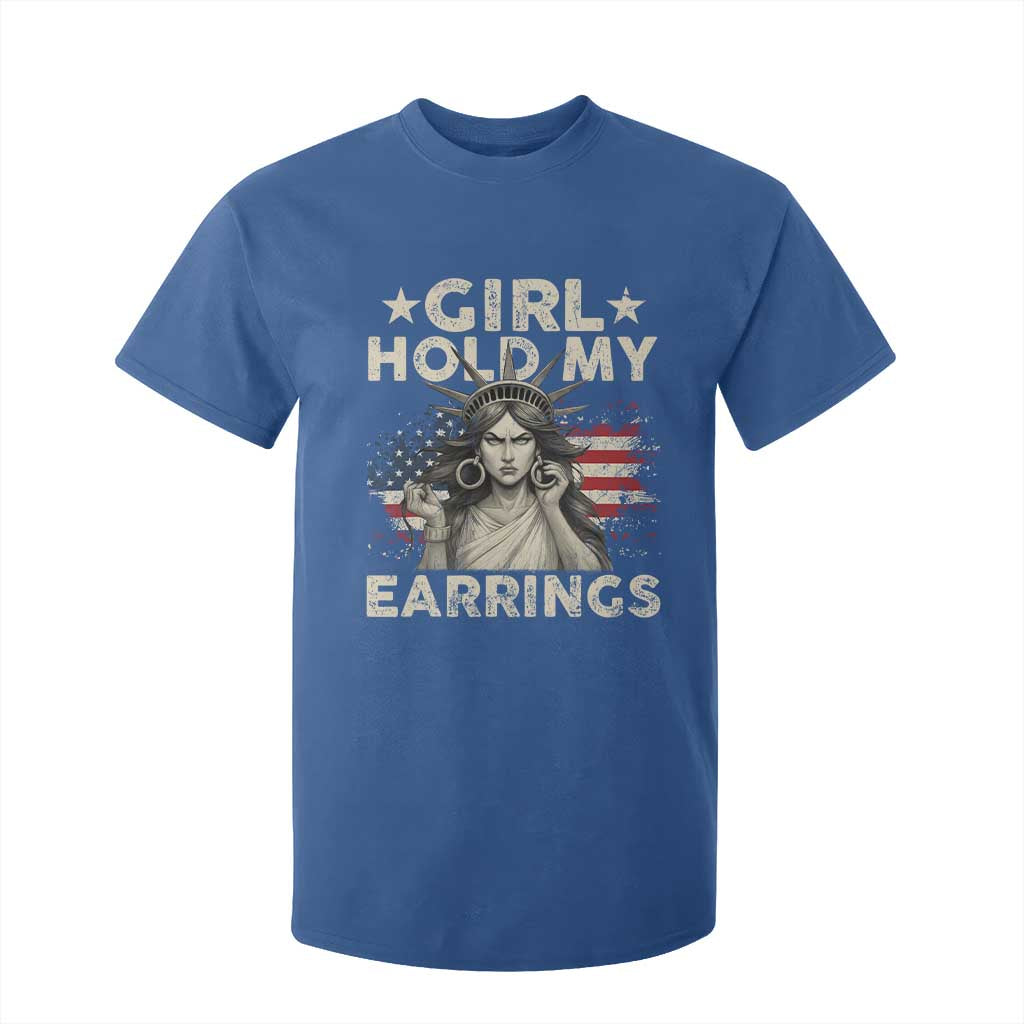 Funny Girl Hold My Earrings T Shirt For Kid Statue of Liberty American Flag TS11 Royal Blue Print Your Wear