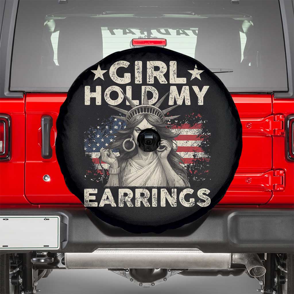 Funny Girl Hold My Earrings Spare Tire Cover Statue of Liberty American Flag TS11 Black Print Your Wear