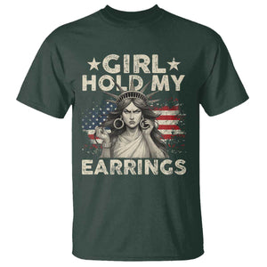 Funny Girl Hold My Earrings T Shirt Statue of Liberty American Flag TS11 Dark Forest Green Print Your Wear