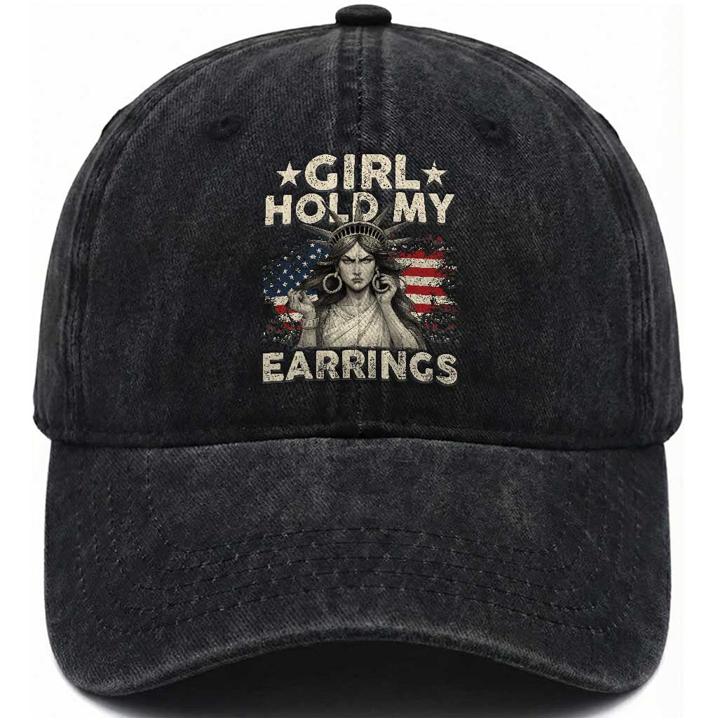 Funny Girl Hold My Earrings Washed Cotton Baseball Cap Statue of Liberty American Flag TS11 Print Your Wear
