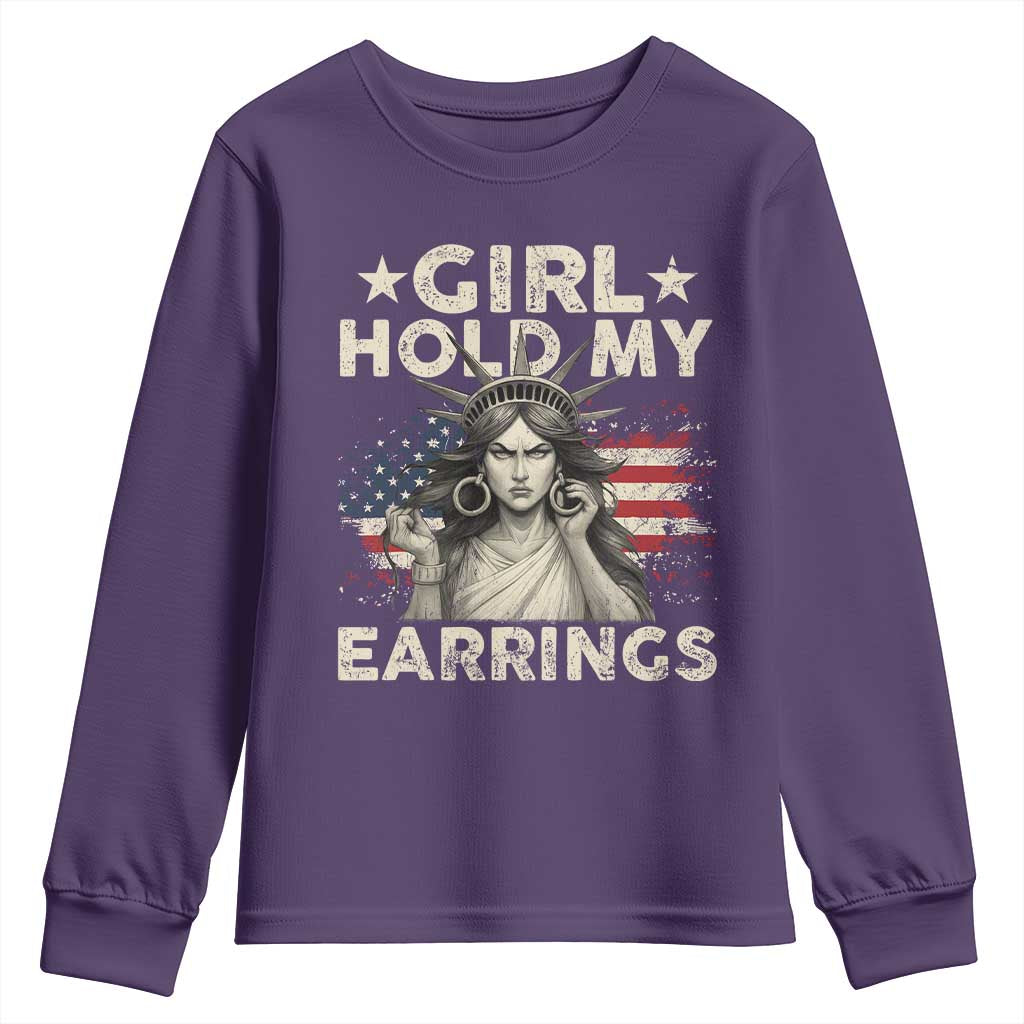 Funny Girl Hold My Earrings Youth Sweatshirt Statue of Liberty American Flag TS11 Purple Print Your Wear