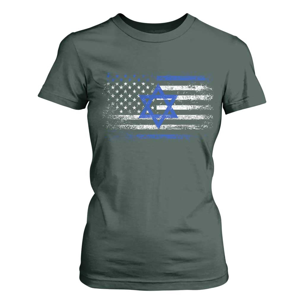 Proud Israeli American T Shirt For Women Patriotic Israeli USA Flag TS11 Dark Forest Green Print Your Wear