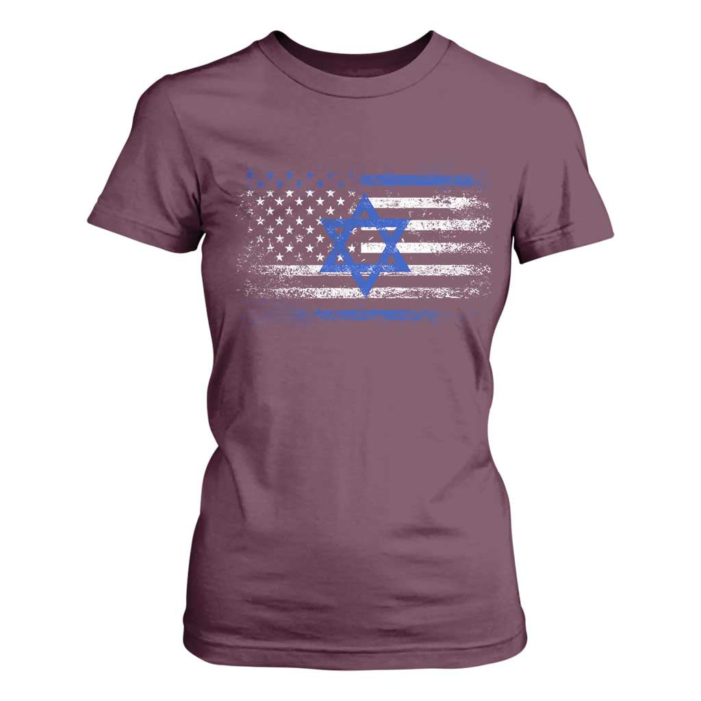 Proud Israeli American T Shirt For Women Patriotic Israeli USA Flag TS11 Maroon Print Your Wear