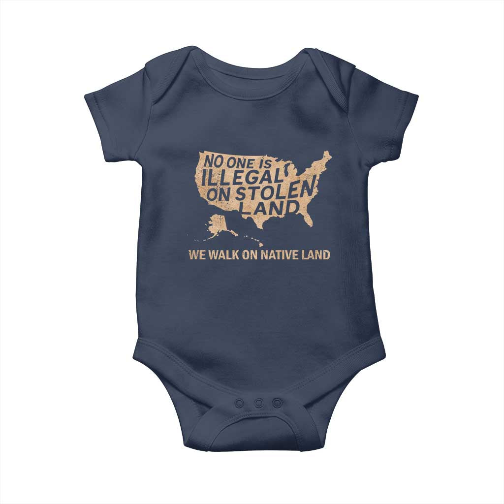 No One Is Illegal On Stolen Land Baby Onesie We Walk On Native Land Vintage American Map TS11 Navy Print Your Wear