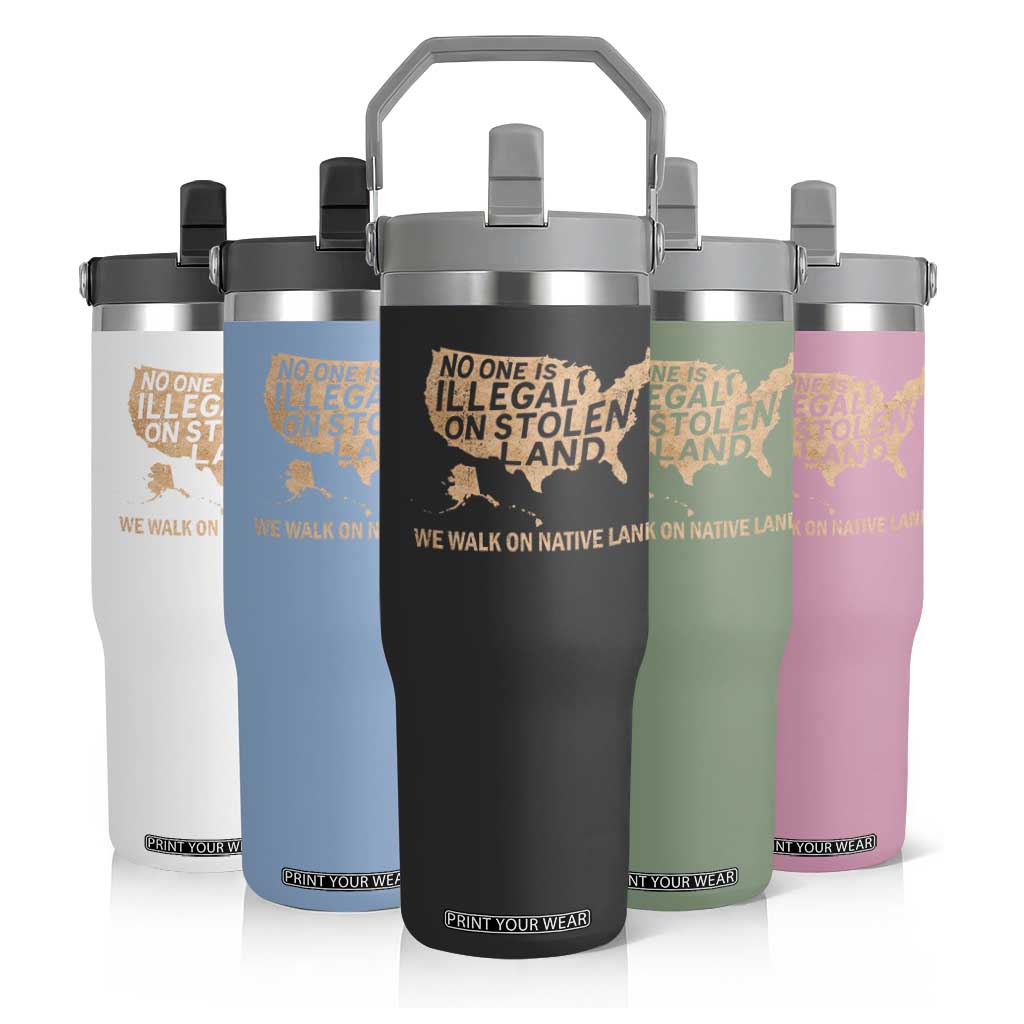 No One Is Illegal On Stolen Land Flip Straw Tumbler We Walk On Native Land Vintage American Map TS11 Print Your Wear