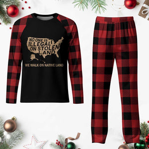 No One Is Illegal On Stolen Land Plaid Pajama Set We Walk On Native Land Vintage American Map TS11 Buffalo Plaid Print Your Wear