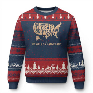 No One Is Illegal On Stolen Land Ugly Christmas Sweater We Walk On Native Land Vintage American Map TS11 Navy Red Print Your Wear