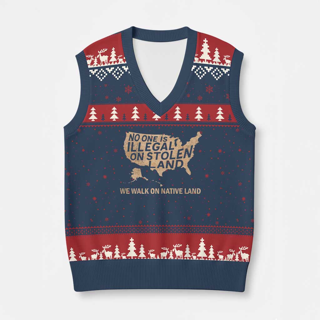 No One Is Illegal On Stolen Land V-Neck Knit Sweater Vest We Walk On Native Land Vintage American Map TS11 Navy Red Print Your Wear