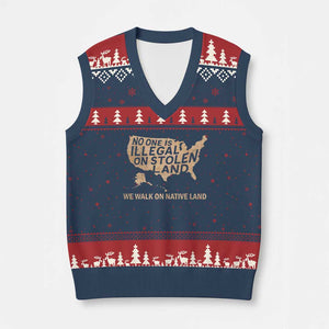 No One Is Illegal On Stolen Land V-Neck Knit Sweater Vest We Walk On Native Land Vintage American Map TS11 Navy Red Print Your Wear